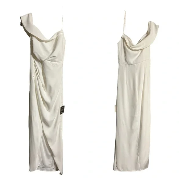 Lulu's White One Shoulder Side Pleated Side Slit Dress Sz S NWT - Picture 1 of 12